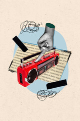 Vertical collage picture of black white colors girl arm finger press play button boombox piece book...