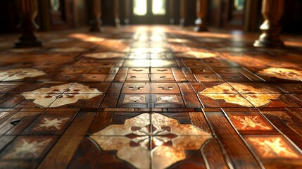 3D render of a wooden floor with some decorative elements on it