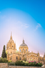 Salamanca Cathedral towers at sunset in Spain.