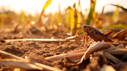close up of a grasshopper in a cornfield, with dry leaves and stalks--a reminder of the vulnerability of rural crops to insect infestations - Powered by Adobe