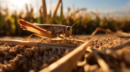 The aftermath of a grasshopper invasion in a cornfield, with dry leaves and stalks--a reminder of the vulnerability of rural crops to insect infestations - Powered by Adobe