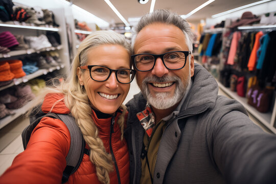 Matrimonio de 60 a&ntilde;os de compras. Fotografia selfie en tienda de ropa.De vacaciones por el mundo de compras