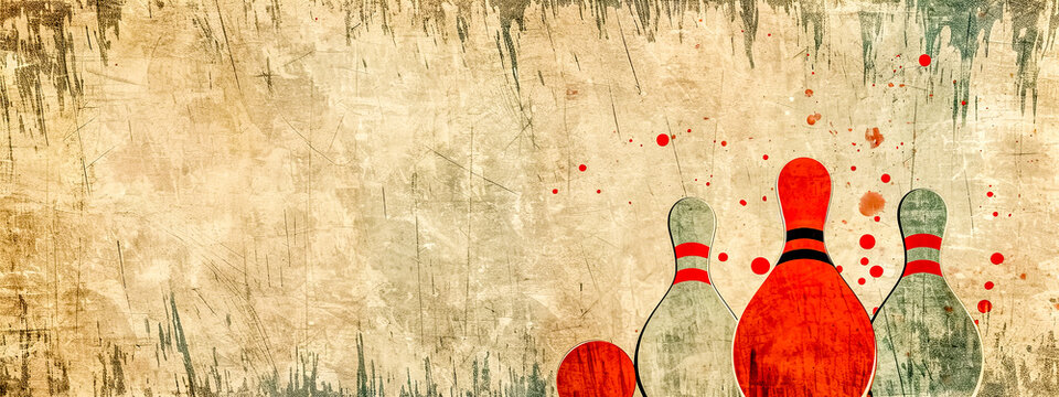  A stylized vintage bowling concept with pins and a ball, featuring grunge textures and splashes of red, ideal for a retro sports background.