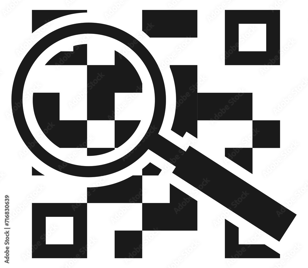 Poster qr code with magnifying glass. data encoding icon