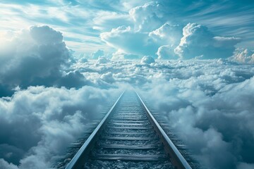 Surreal, dream-like image of a track floating in the sky among clouds, symbolizing aspirations and limitless possibilities - obrazy, fototapety, plakaty