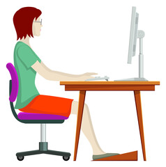 Woman working at computer desk side view. Sitting posture
