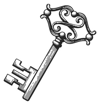 Baroque metal key drawing. Vintage style engraving