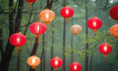 Lots of Chinese paper lanterns on branches in the woods.