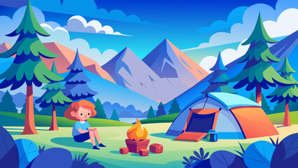 Serene camping site with tent, campfire, and happy camper in mountains