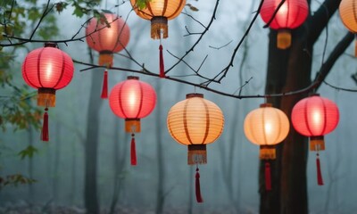 Round Chinese paper lanterns hang in the misty forest.
