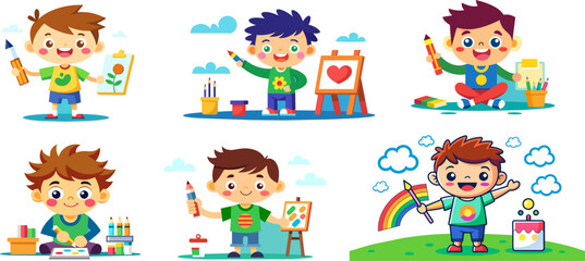 Set of cute cartoon kids engaging in artistic activities and crafting