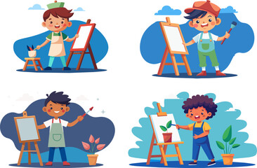Children painting and drawing in art class, creative kids vector illustration set