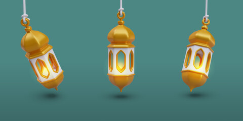 Set of festive Arabic lanterns with lit fire. Golden lamps on green background © ArtHub007