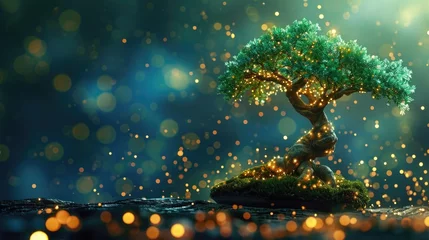 Fototapeten Magical bonsai tree illuminated by golden lights against a dark mystical background. © mariiaplo