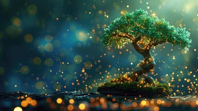 Magical bonsai tree illuminated by golden lights against a dark mystical background.