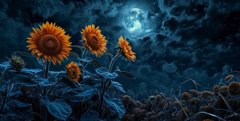 A solitary sunflower stands tall in a moonlit field, its vibrant petals illuminated by the gentle glow of the night sky