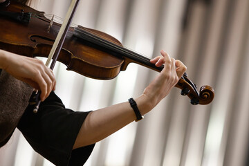 Woman's hand on violin strings - 716832003