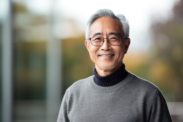 Portrait of a satisfied asian man in his 60s wearing a cozy sweater against a minimalist or empty room background. AI Generation