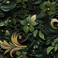 Tactile canvas in 3D style with ivy in shades of green and black. Seamless floral background. Generative AI