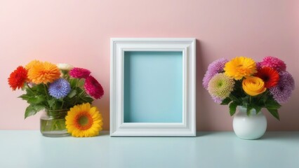 image of blooming flowers of various colors placed on and around empty pink photo frame against light blue background.  generative, ai.