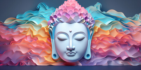 glowing crystal buddha face with 3d paper cut clouds colorful flowers, nature background, colorful lotuses