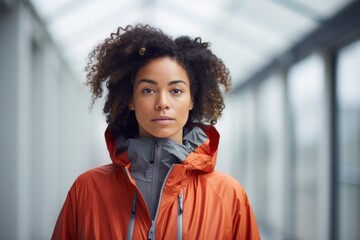 Portrait of a content afro-american woman in her 20s dressed in a water-resistant gilet against a minimalist or empty room background. AI Generation