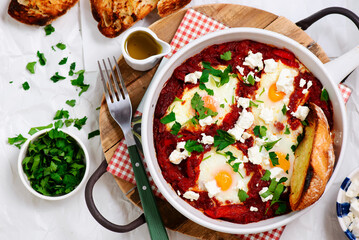 Shakshukka with feta and bread.traditional moroccan dish. selective focus. hugge style