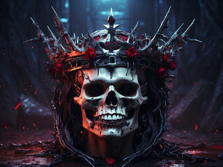 A skull wearing a crown and flowers.Generative AI 