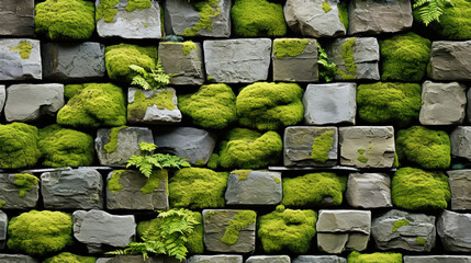 Professional closeup photo of a stone softened by a blanket of bright green moss. Contrasting...