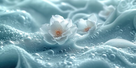 white jasmine flowers in a sea of light blue soft waves of water, bubbles of fresh soap spa, awakening the sensation of perfume and soft elegance essence and glamour pinch - obrazy, fototapety, plakaty