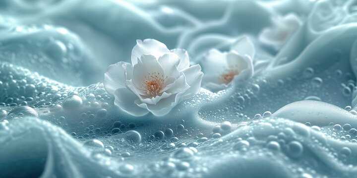 white jasmine flowers in a sea of light blue soft waves of water, bubbles of fresh soap spa, awakening the sensation of perfume and soft elegance essence and glamour pinch