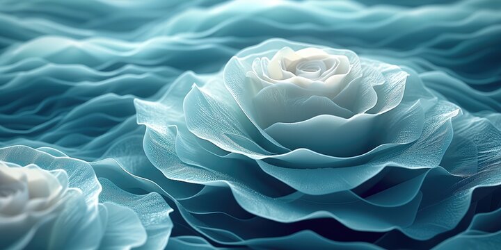 Abstract white and turquoise textile transparent fabric. Soft light background for beauty products, wax candles, organic softness, relax sensation, cold colors