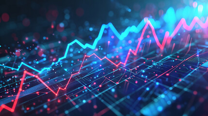 An interactive holographic line graph depicting financial growth over time, business, dynamic and dramatic compositions, with copy space