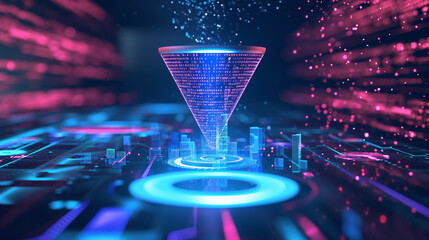 A digital marketing funnel holographically displayed with live data, business, dynamic and dramatic compositions, with copy space - obrazy, fototapety, plakaty
