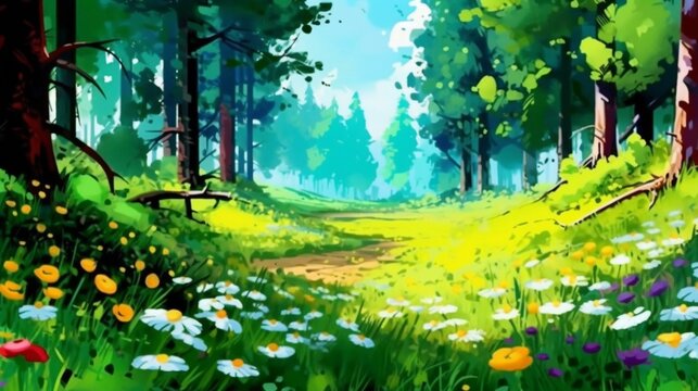 Draw a vibrant summer forest landscape with bright Ai Generative