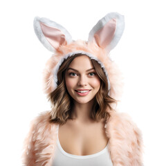 Beautiful Woman Happily Wearing a Bunny Costume for Easter, Isolated on Transparent Background, PNG