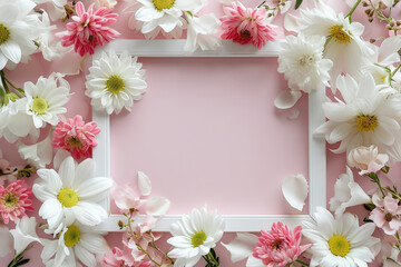 Beautiful Romantic Photo frame background with white and pink flowers. Beautiful floral wallpaper.