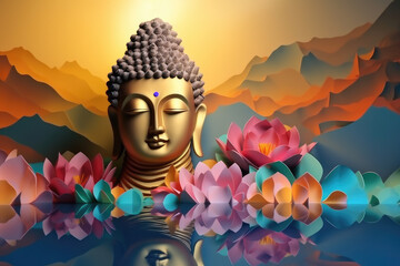 glowing golden buddha face with 3d paper cut clouds colorful flowers, nature background, colorful lotuses