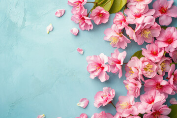 Beautiful spring pink flowers on blue pastel table top view. Floral border. Flat lay style.