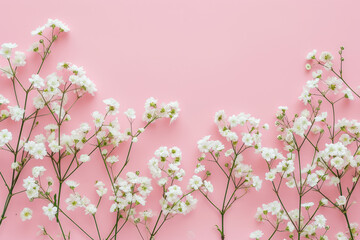 Border of delicate little white flowers on pink background from above. Space for text. Flat lay style.