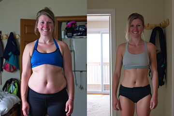 A before and after weight loss photo of a blond woman in the style of a smartphone photo