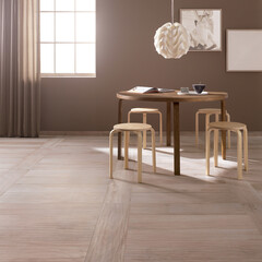 Ceramic dining table on beige marble floor, brown ceramic dining table and brown chair. 3D Rendering