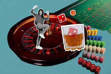 Abstract artwork composite photo collage of eccentric woman play casino roulette get whiskey roll...