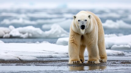 polar bear in the arctic on ice with snow
