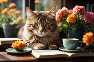 Purr-fect Sips: Cats, Coffee, and a Blooming Backdrop