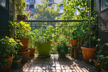 Serene balcony garden with potted plants, sunlight filtering through, ideal for urban gardening themes.