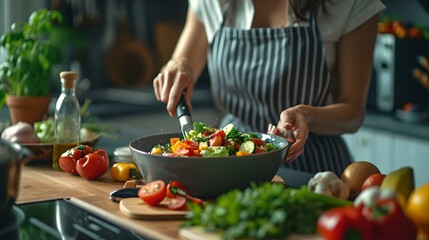 Healthy home cooking scene. woman preparing vegetable salad in kitchen. fresh ingredients on the counter. AI