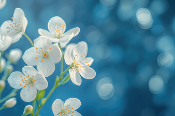 Delicate white spring forest flowers on a blue background. Spring natural flower background. Border of flowers.