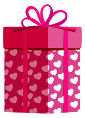 Present box wrapped in heart pattern paper. Romantic gift icon