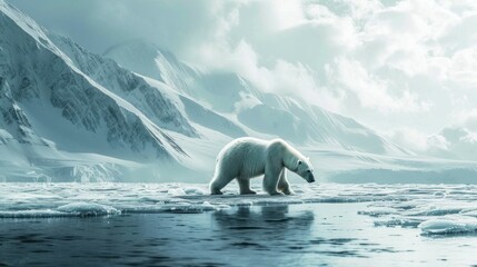 polar bear in the arctic on ice with snow in its habitat at the north pole with good lighting in high resolution and quality, animal concept